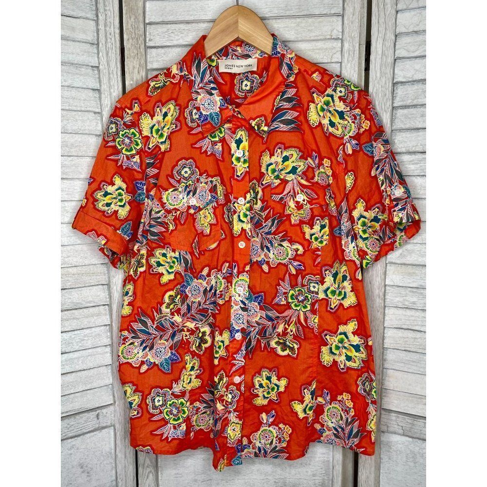 NEW Jones New York Sport S/S Camp Shirt Orange Floral Size L NWOT
